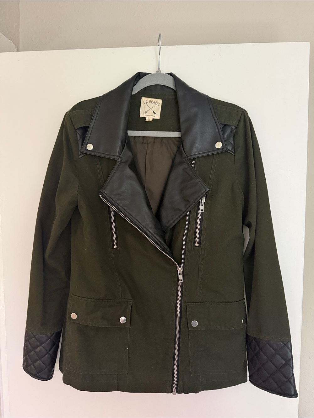 La Hearts Olive Green Moto Jacket with Black Quilted Trim